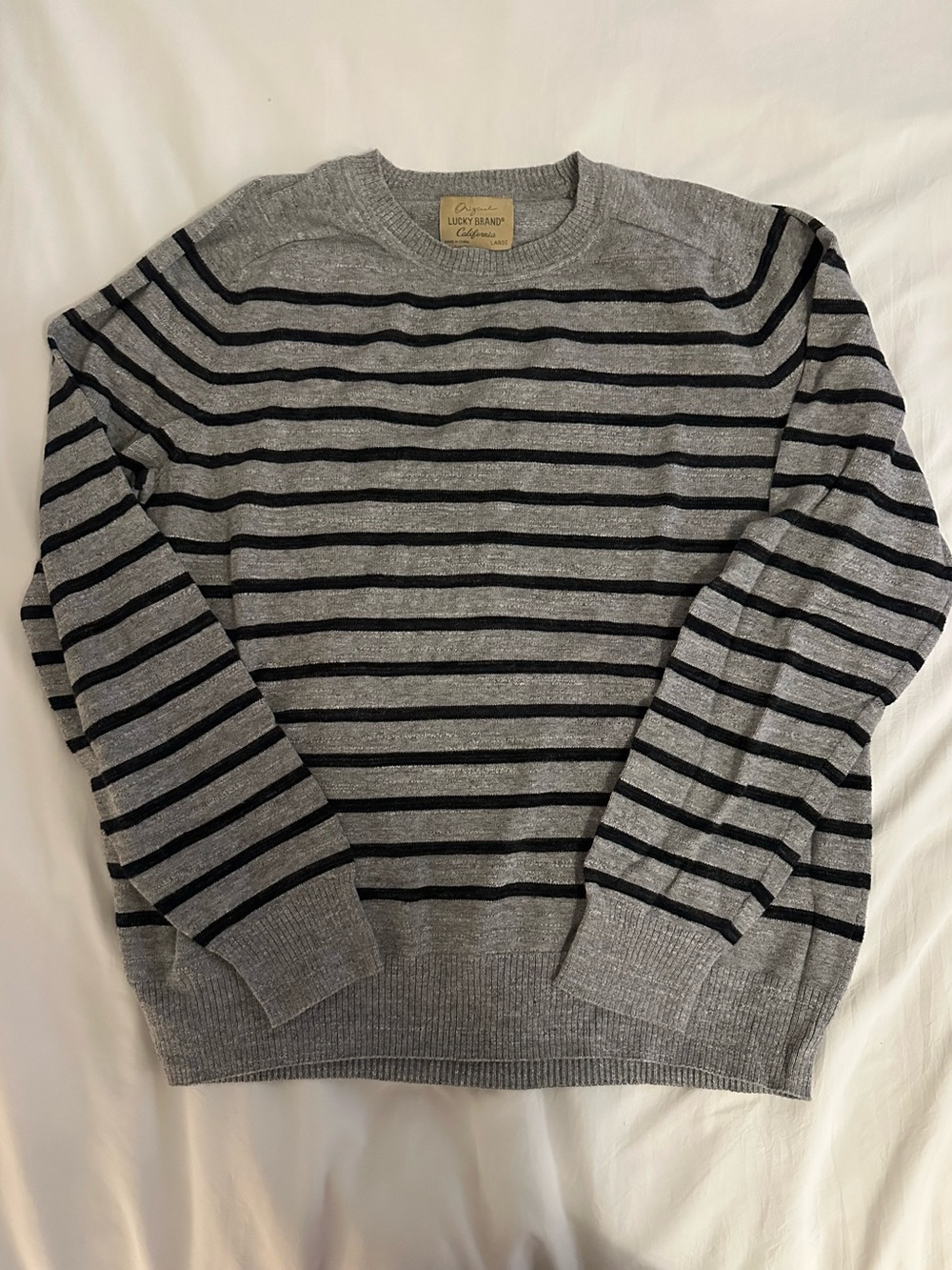 Lucky Brand Men’s Gray Crewneck Sweater with Navy Stripes